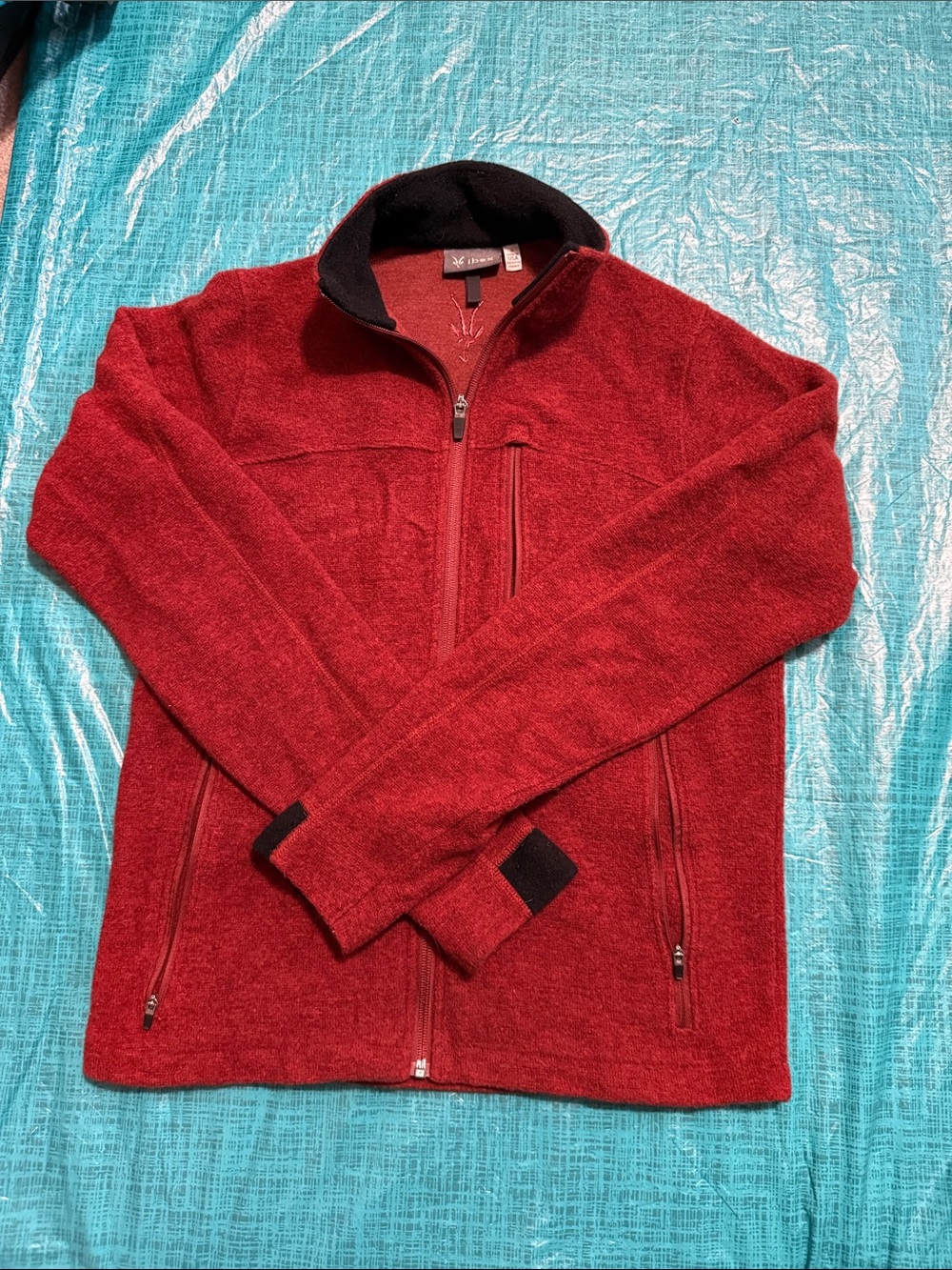 ibex women’s Red Full-Zip Wool Blend Jacket with Black Trim